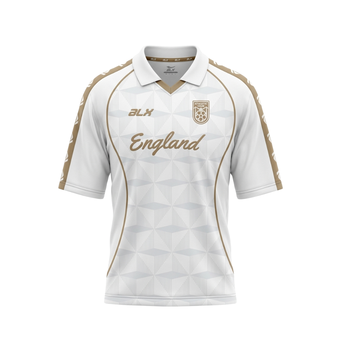 A white short-sleeve soccer jersey with gold accents, featuring a geometric pattern on the front, 'England' in script across the chest, and 'ALX' on the right chest.