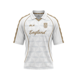 A white short-sleeve soccer jersey with gold accents, featuring a geometric pattern on the front, 'England' in script across the chest, and 'ALX' on the right chest.