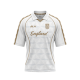 A white short-sleeve soccer jersey with gold accents, featuring a geometric pattern on the front, 'England' in script across the chest, and 'ALX' on the right chest.