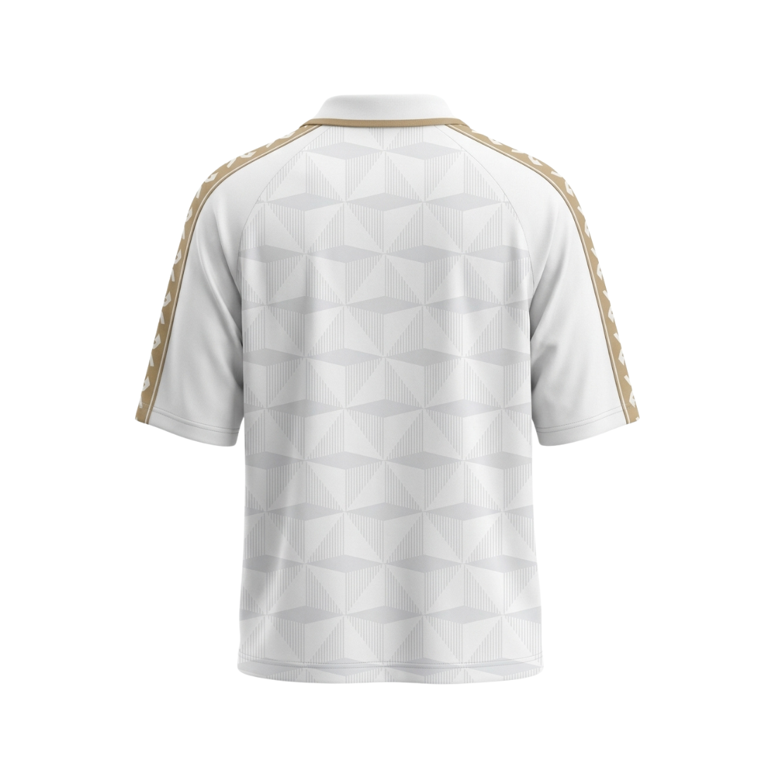 White short-sleeve athletic jersey shown from the back, featuring a subtle geometric pattern and gold braided stripes running down the shoulders and sleeves.