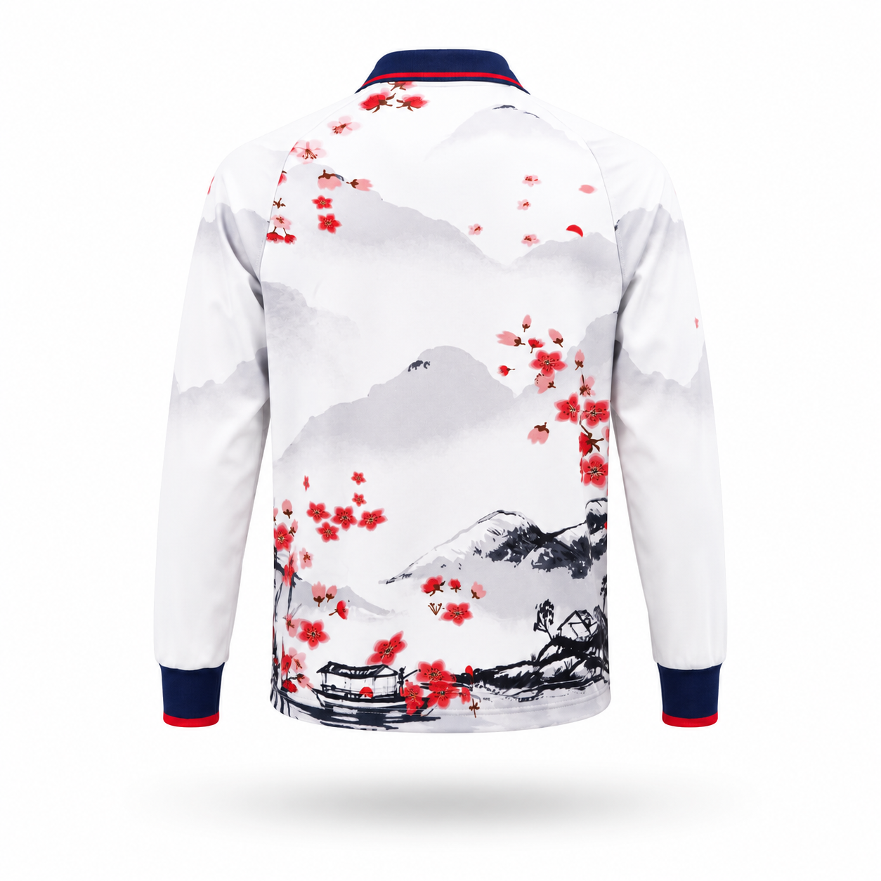 A long-sleeve collared shirt shown from the back, featuring a white base with a traditional Chinese-style ink wash mountain landscape print in gray and black, accented with red cherry blossoms, and finished with navy blue and red trim at the collar, cuffs, and hem.
