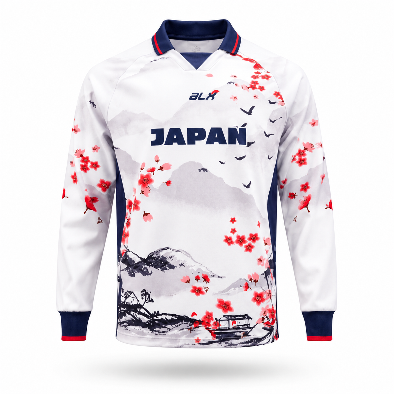 A long-sleeve white soccer jersey with a Japanese theme, featuring a watercolor-style mountain landscape print in gray and black, red cherry blossoms, and the word 'JAPAN' printed across the chest. The collar and cuffs are navy blue with red trim, and the brand 'ALK' is visible on the chest.