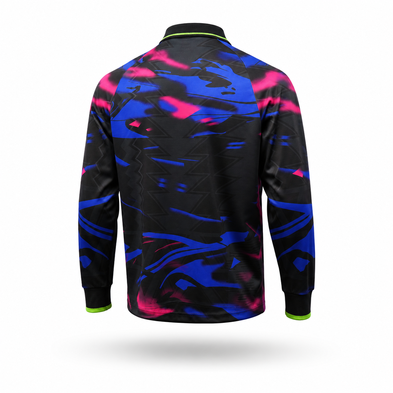 A long-sleeve collared athletic jersey shown from the back, featuring a black base with abstract blue and hot pink brushstroke patterns and small neon green trim at the collar and cuffs.
