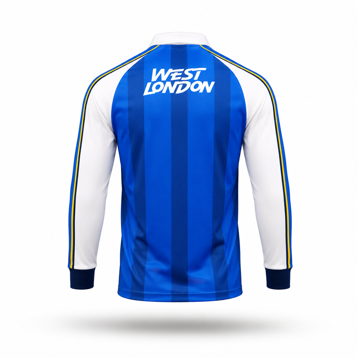 A long-sleeve athletic jersey shown from the back, featuring vertical blue stripes on the back panel, white sleeves, and yellow and blue piping running down the shoulders and sleeves. The back of the neck displays 'WEST LONDON' in white text.
