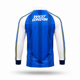 A long-sleeve athletic jersey shown from the back, featuring vertical blue stripes on the back panel, white sleeves, and yellow and blue piping running down the shoulders and sleeves. The back of the neck displays 'WEST LONDON' in white text.