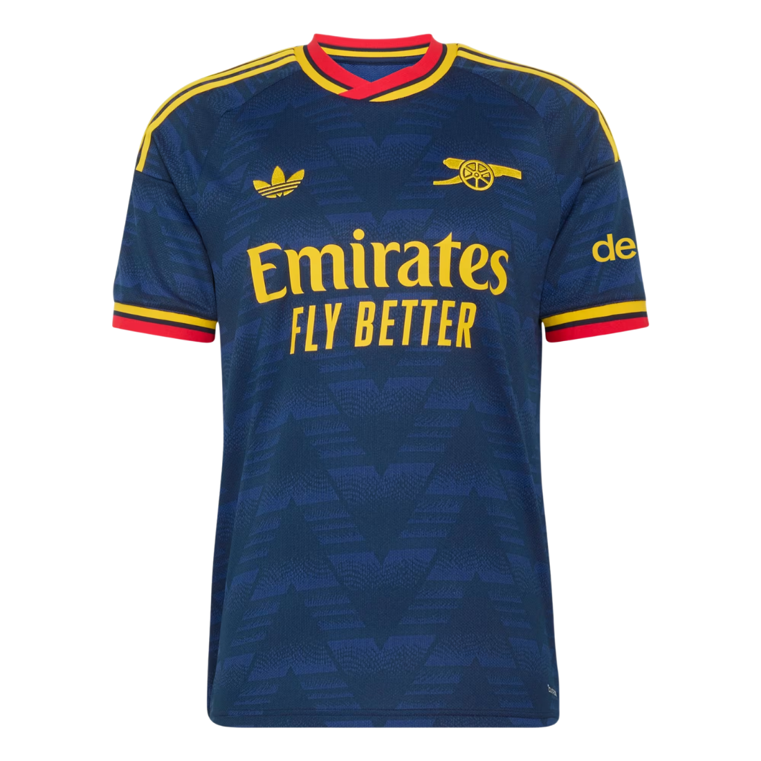A navy blue Arsenal football jersey with yellow and red accents, featuring the Adidas logo, Arsenal crest, and Emirates Fly Better sponsor text on a white background.
