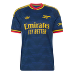 A navy blue Arsenal football jersey with yellow and red accents, featuring the Adidas logo, Arsenal crest, and Emirates Fly Better sponsor text on a white background.