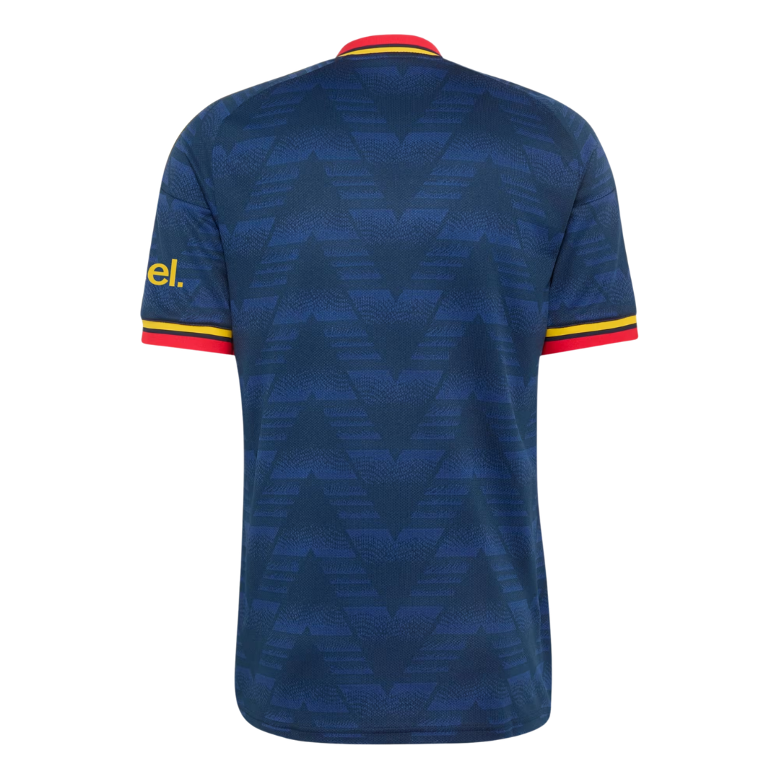 The back of a short-sleeve soccer jersey in dark blue with a subtle geometric pattern, featuring red and yellow trim on the collar and sleeve cuffs, and a yellow 'el.' logo on the right sleeve.