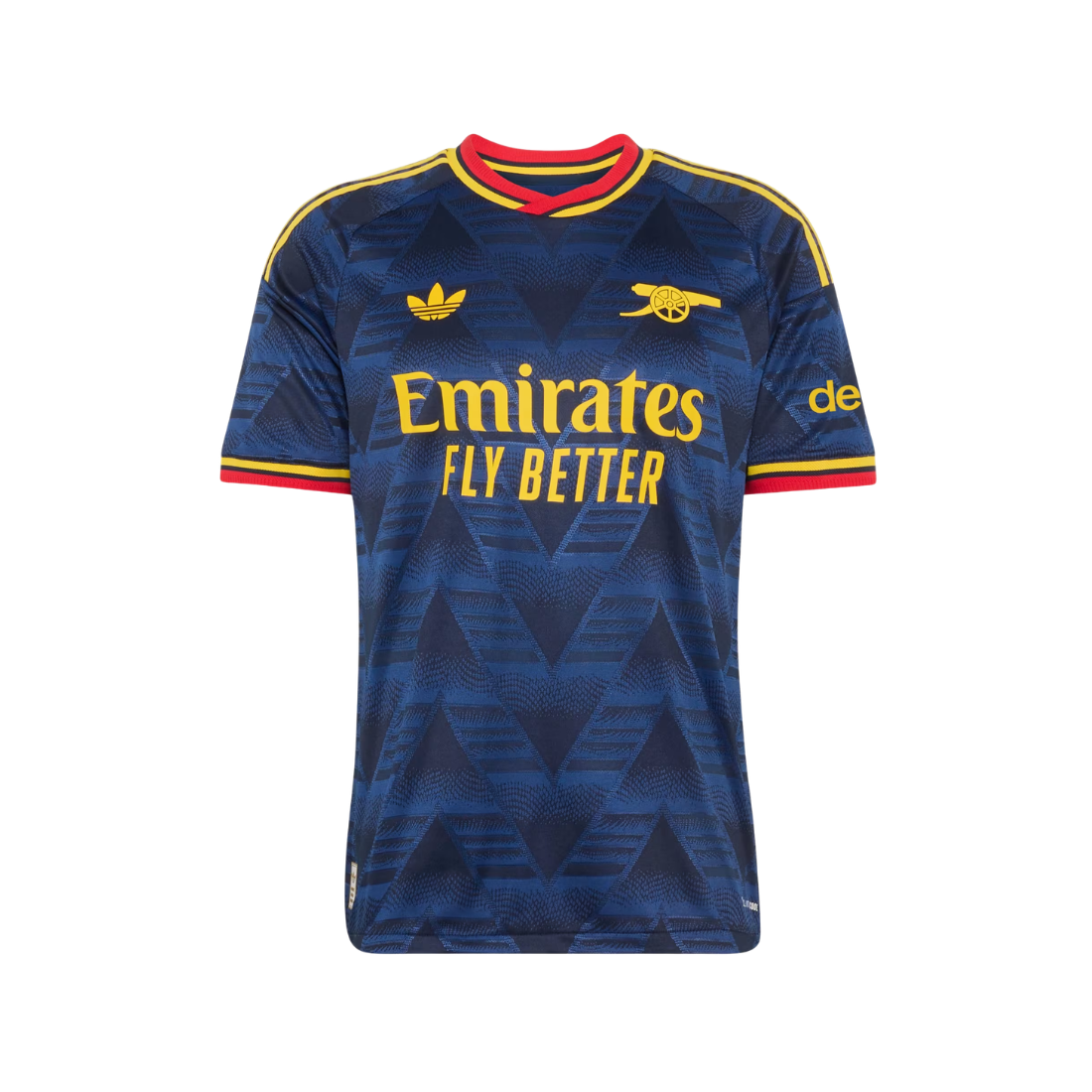 A dark blue Arsenal football jersey with a geometric pattern, featuring yellow and red trim, the Adidas logo, the Arsenal crest, and the Emirates Fly Better sponsor text.