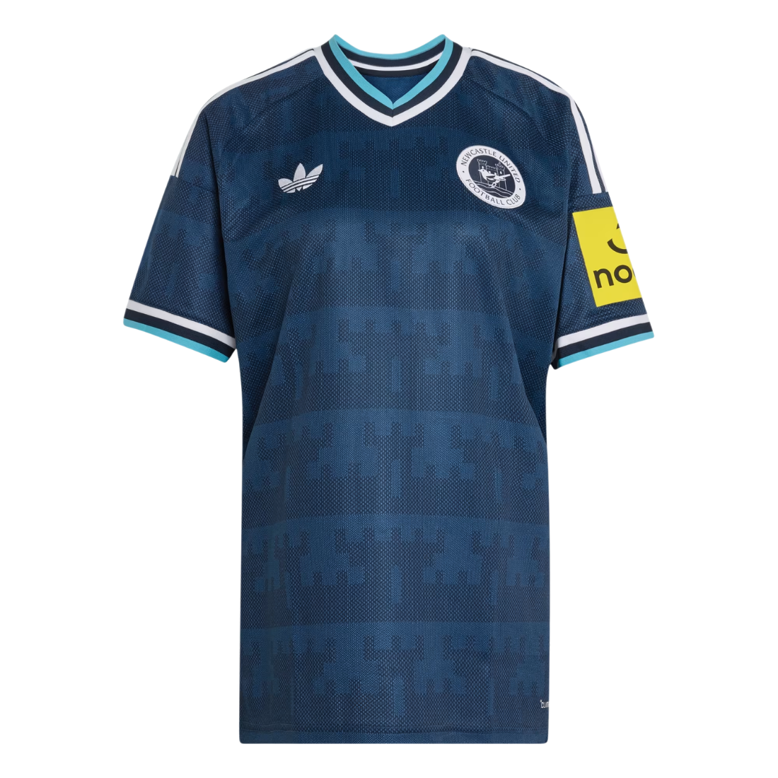 A dark blue Adidas soccer jersey with a subtle geometric pattern, featuring a white Adidas logo on the right chest, a circular club crest on the left chest, white shoulder stripes, and a yellow sponsor patch on the left sleeve.