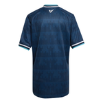 A dark blue short-sleeve athletic jersey with a subtle geometric pixelated pattern, featuring white and light blue striped trim on the collar and cuffs, and a small white logo on the back neck.