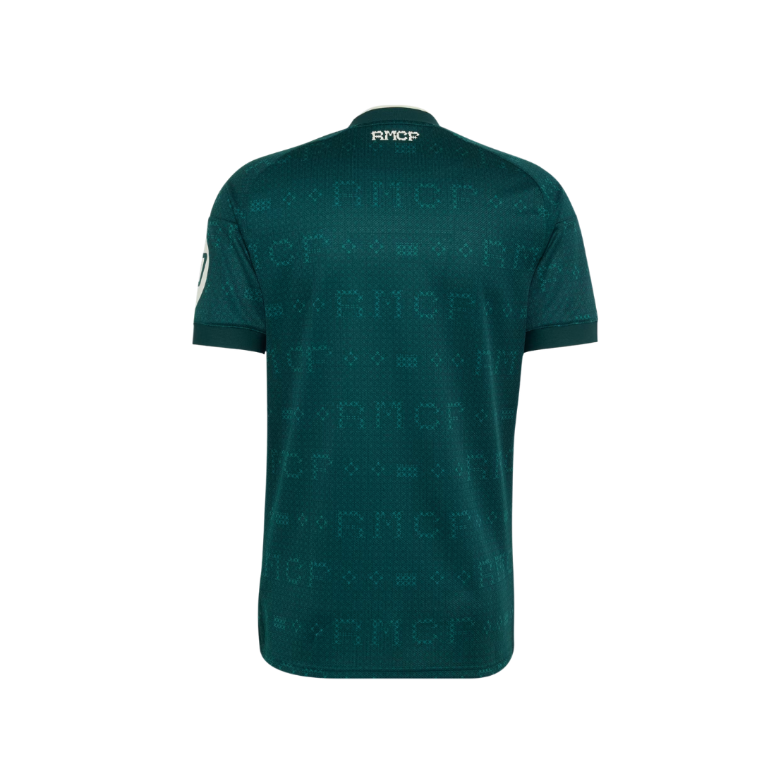 A dark green short-sleeve athletic jersey shown from the back, featuring a subtle tonal pattern of 'RMCF' text and logos across the fabric, with a white 'RMCF' logo printed on the inside of the collar.