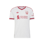 A white Adidas Liverpool football jersey with red trim, featuring the Liverpool club crest on the left chest, the Adidas logo on the right chest, and the red 'standard chartered' sponsor logo across the center.