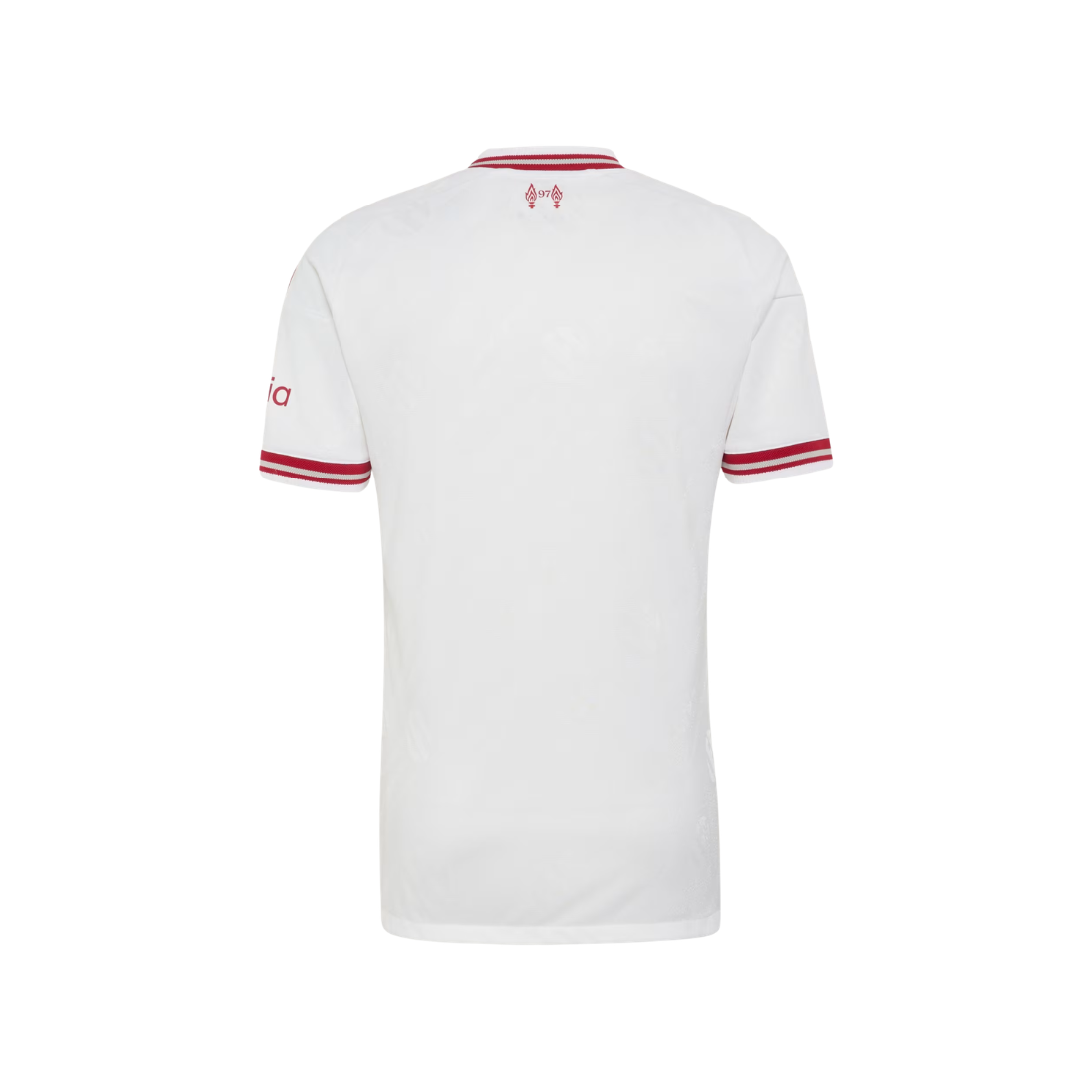 White short-sleeve soccer jersey shown from the back, featuring red double stripes on the collar and sleeve cuffs, and a small red Under Armour logo on the upper back and left sleeve.