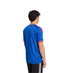 A man viewed from the back wearing a royal blue short-sleeve athletic jersey with red and white trim on the collar and sleeve cuffs, paired with black track pants with white stripes, against a plain white background.