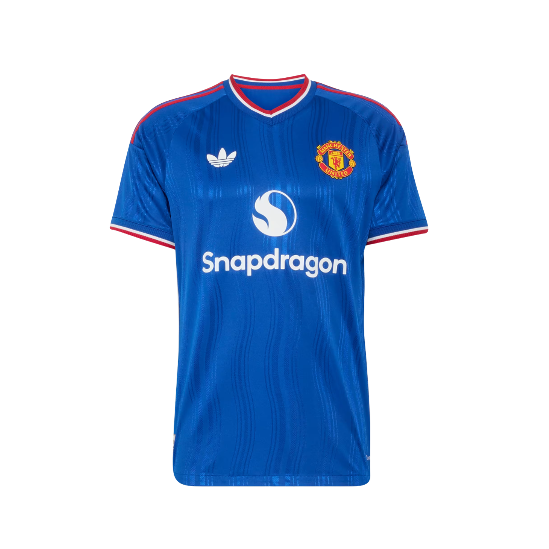 A blue short-sleeve soccer jersey with red and white trim on the collar and cuffs, featuring the Adidas logo on the right chest, the Manchester United crest on the left chest, and the white Snapdragon sponsor logo across the center.