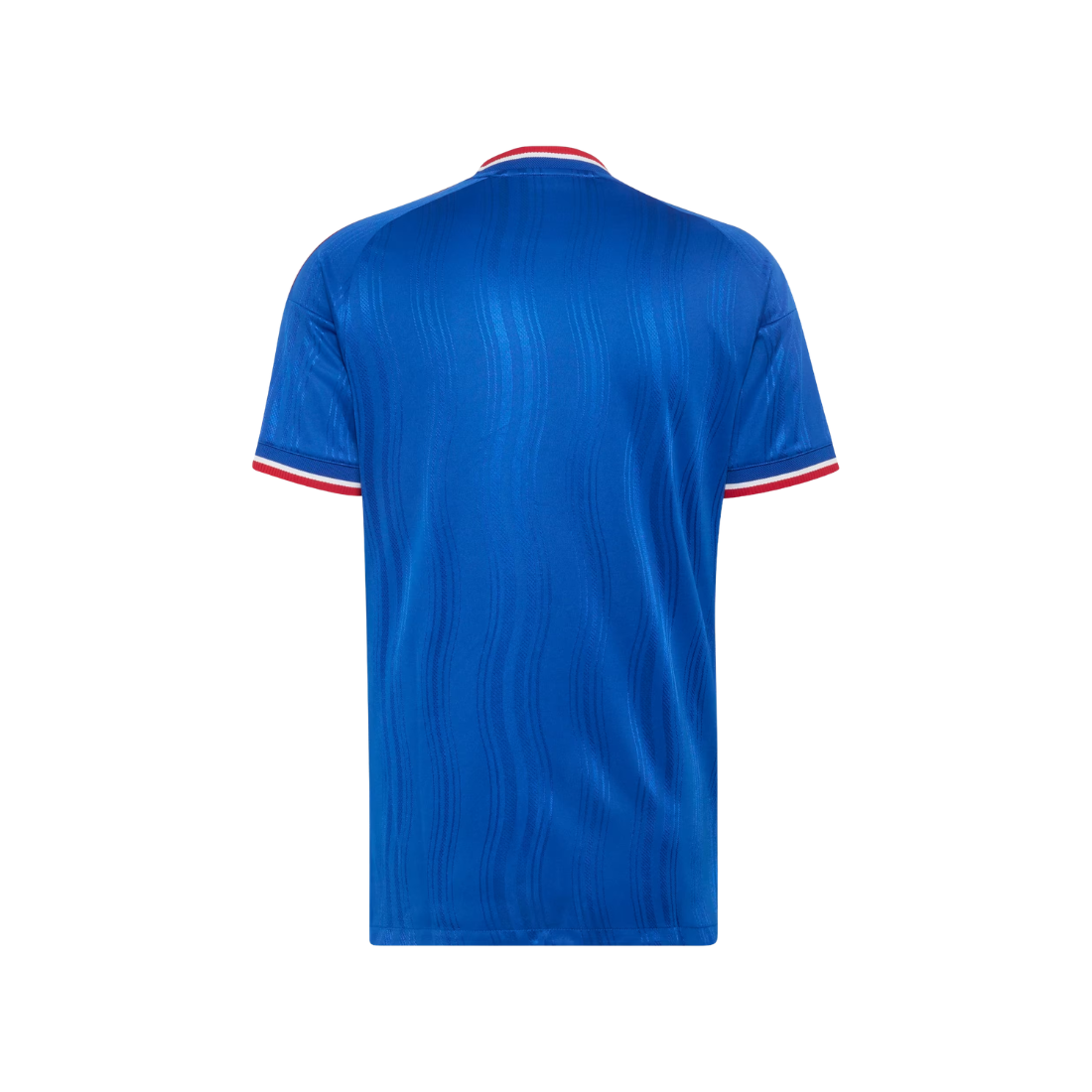 A royal blue short-sleeve soccer jersey shown from the back, featuring a subtle vertical textured pattern and red and white trim on the collar and sleeve cuffs.