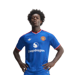A man modeling a blue Manchester United soccer jersey with Snapdragon sponsor logo, Adidas logo, and Manchester United crest, set against a plain white background.