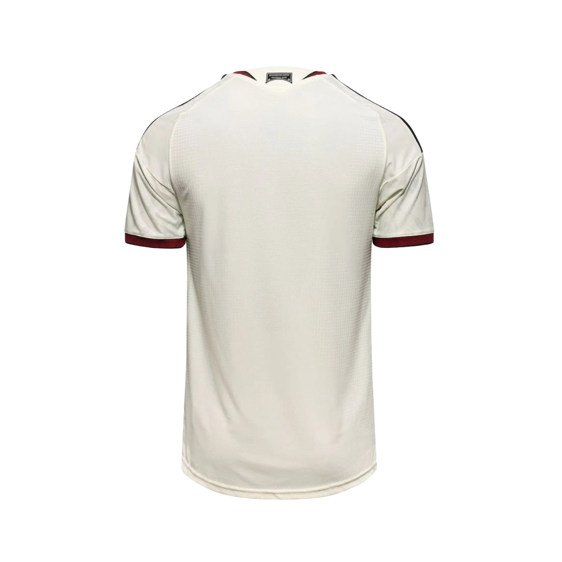 A short-sleeve athletic jersey shown from the back, featuring a cream-colored body with dark red trim on the sleeve cuffs and shoulder yokes, and thin black stripes along the upper shoulders.