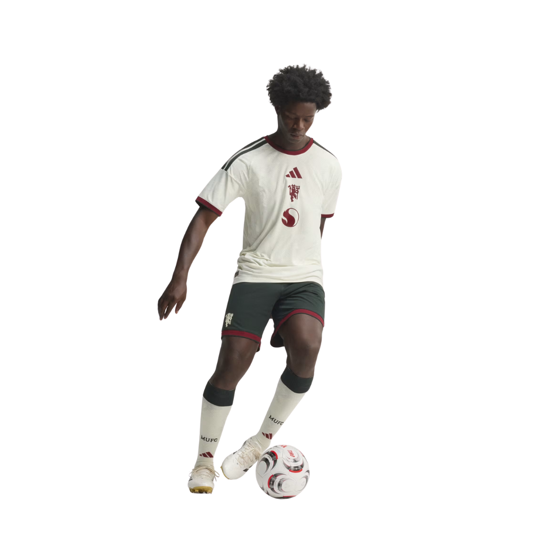 A full-body soccer player wearing an Adidas jersey, shorts, and socks, posed with a soccer ball against a plain white background.