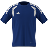 A royal blue short-sleeve athletic jersey with white shoulder stripes, a white Adidas logo on the chest, and a small white 'LUNESKIN' mark near the bottom hem, shown on a plain white background.