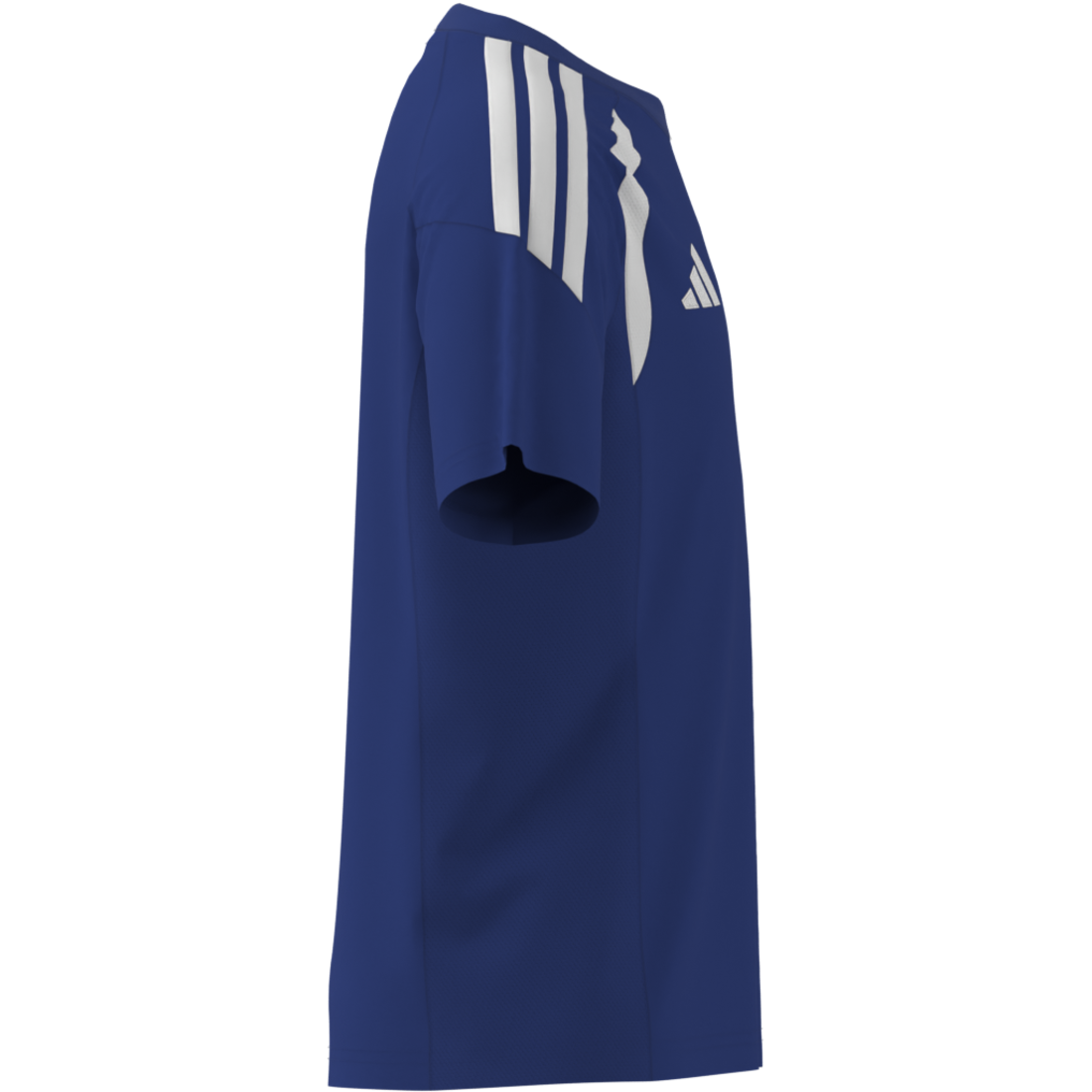 A royal blue short-sleeve athletic jersey shown from the side, featuring three white stripes on the shoulder and a white Adidas logo on the chest.