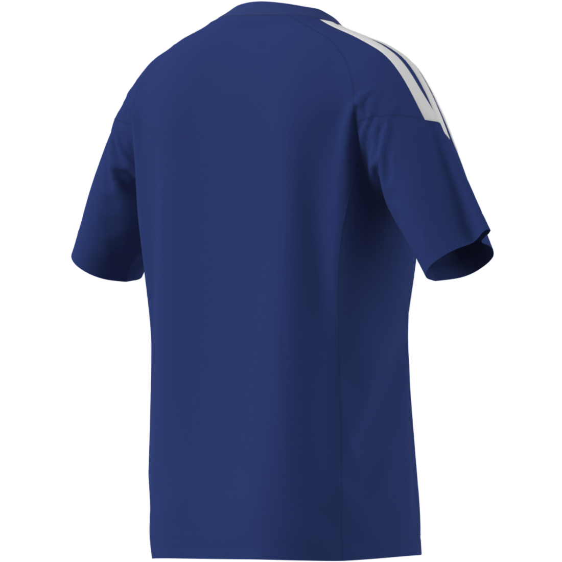 A royal blue short-sleeve athletic jersey shown from the back, featuring three white stripes running down the left shoulder and sleeve.