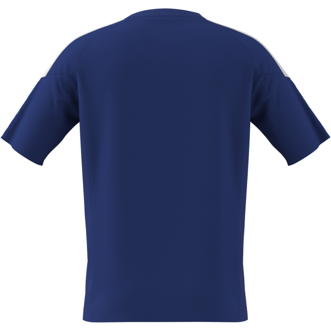 A royal blue short-sleeve athletic jersey shown from the back, featuring white shoulder stripes on the sleeves, set against a plain white background.