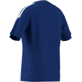 A royal blue short-sleeve athletic jersey shown from the back, featuring three white stripes on the upper left shoulder, set against a plain white background.