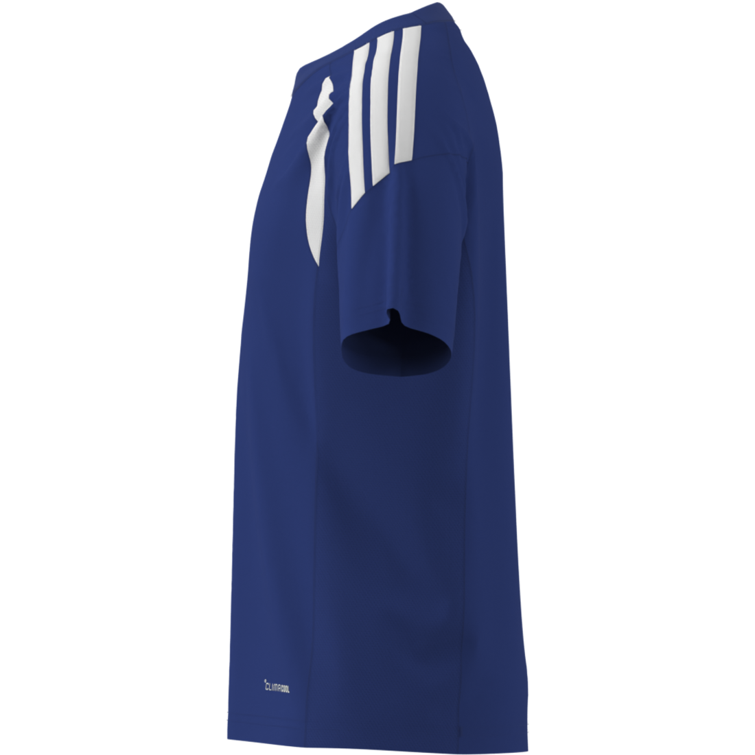 A royal blue short-sleeve athletic jersey shown from the side, featuring three white stripes on the upper chest and a small white logo near the lower hem.