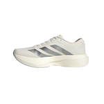 A single Adidas running shoe in off-white with metallic silver stripes, shown from a side profile view against a solid white background.