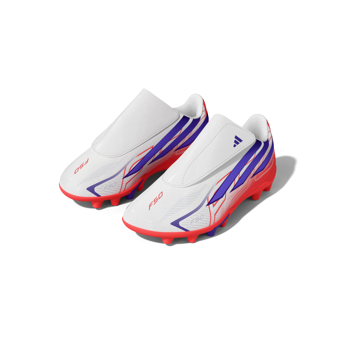 A pair of Adidas F60 soccer cleats in white, featuring purple and red graphic accents and red studs, displayed on a clean white background.