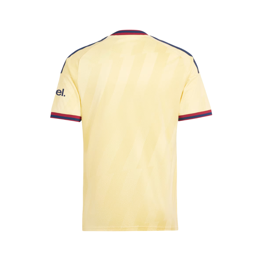 A pale yellow short-sleeve soccer jersey shown from the back, featuring navy and red striped trim on the collar and sleeve cuffs, with a partial black 'el.' logo on the right sleeve.