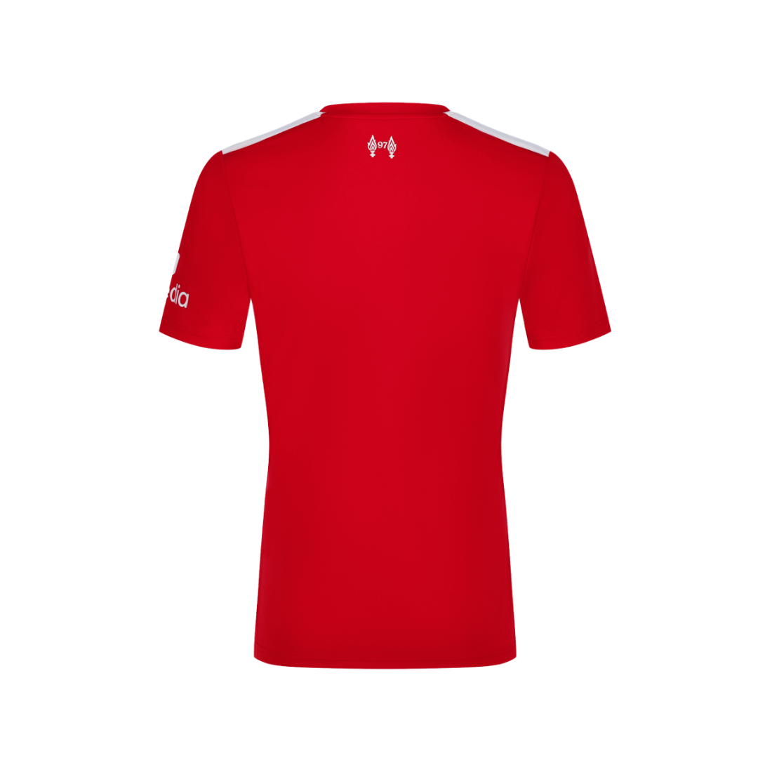A red short-sleeve athletic jersey shown from the back, featuring white shoulder stripes, a small white logo at the center of the back neck, and a white sponsor logo on the left sleeve.