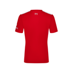 A red short-sleeve athletic jersey shown from the back, featuring white shoulder stripes, a small white logo at the center of the back neck, and a white sponsor logo on the left sleeve.