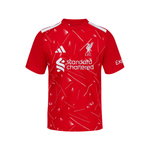 A red short-sleeve soccer jersey with white accents, featuring the Adidas logo, Liverpool F.C.
