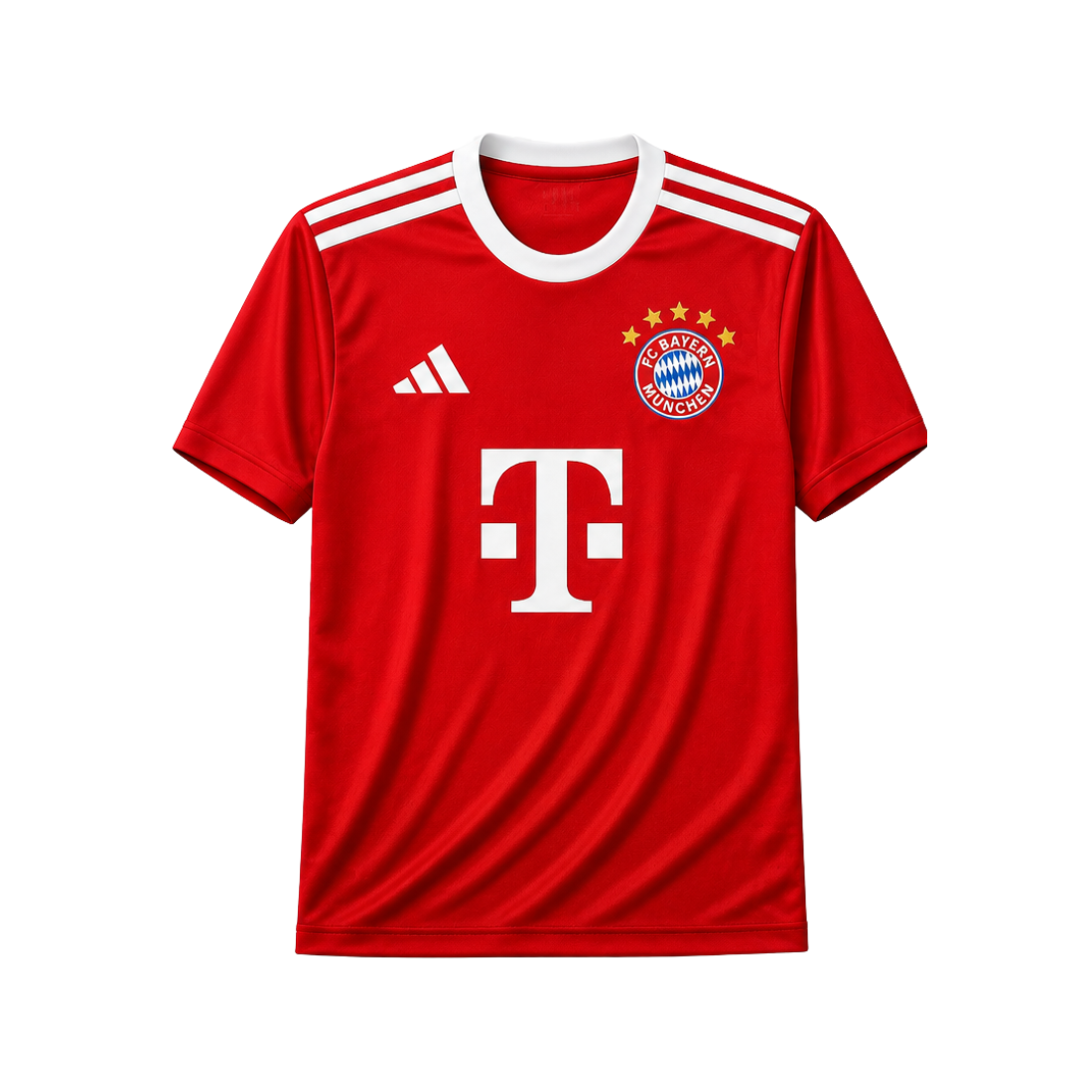 A red Adidas Bayern Munich soccer jersey Junior with white details, featuring the club's crest and the Adidas logo on a plain white background.