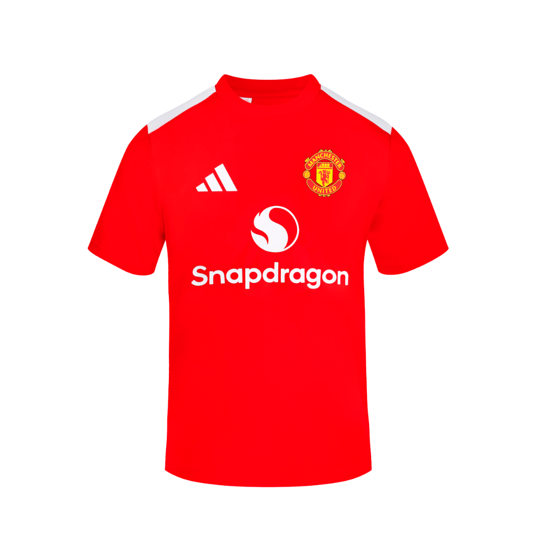 A red short-sleeve soccer jersey Junior with white shoulder stripes, featuring the Manchester United crest on the left chest, the white Adidas logo on the right chest, and the white Snapdragon sponsor logo across the center.