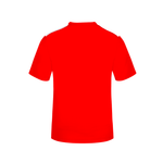 A bright red short-sleeve junior jersey shown from the back, featuring white shoulder stripes, isolated on a solid white background.