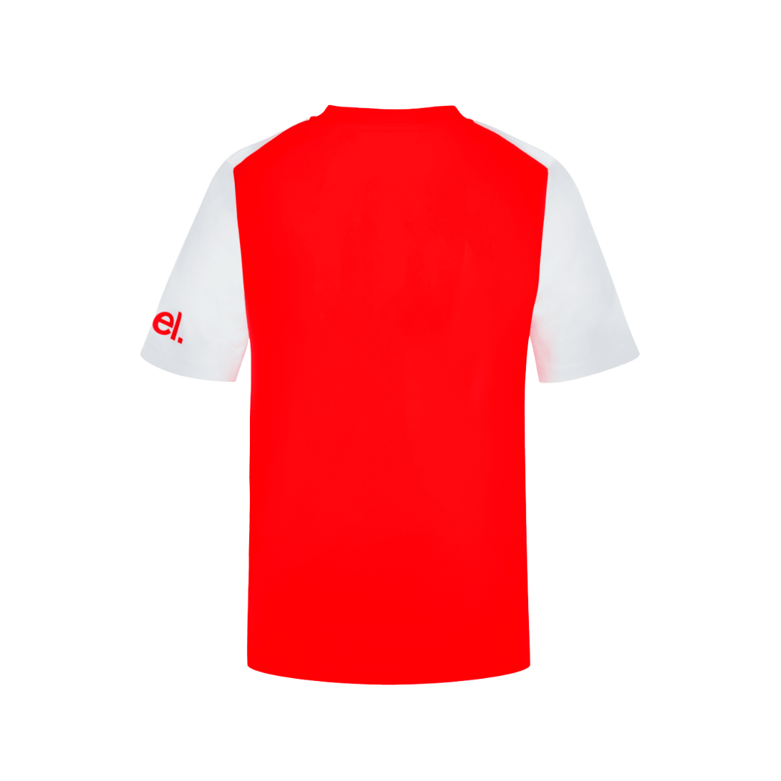 A short-sleeve athletic jersey Junior shown from the back, featuring a solid bright red back panel and white sleeves, with a small red logo on the left sleeve.