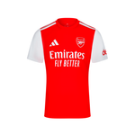 A red and white Arsenal short-sleeve soccer jersey by Adidas, featuring the Emirates Fly Better sponsor logo on the front, set against a plain white background.