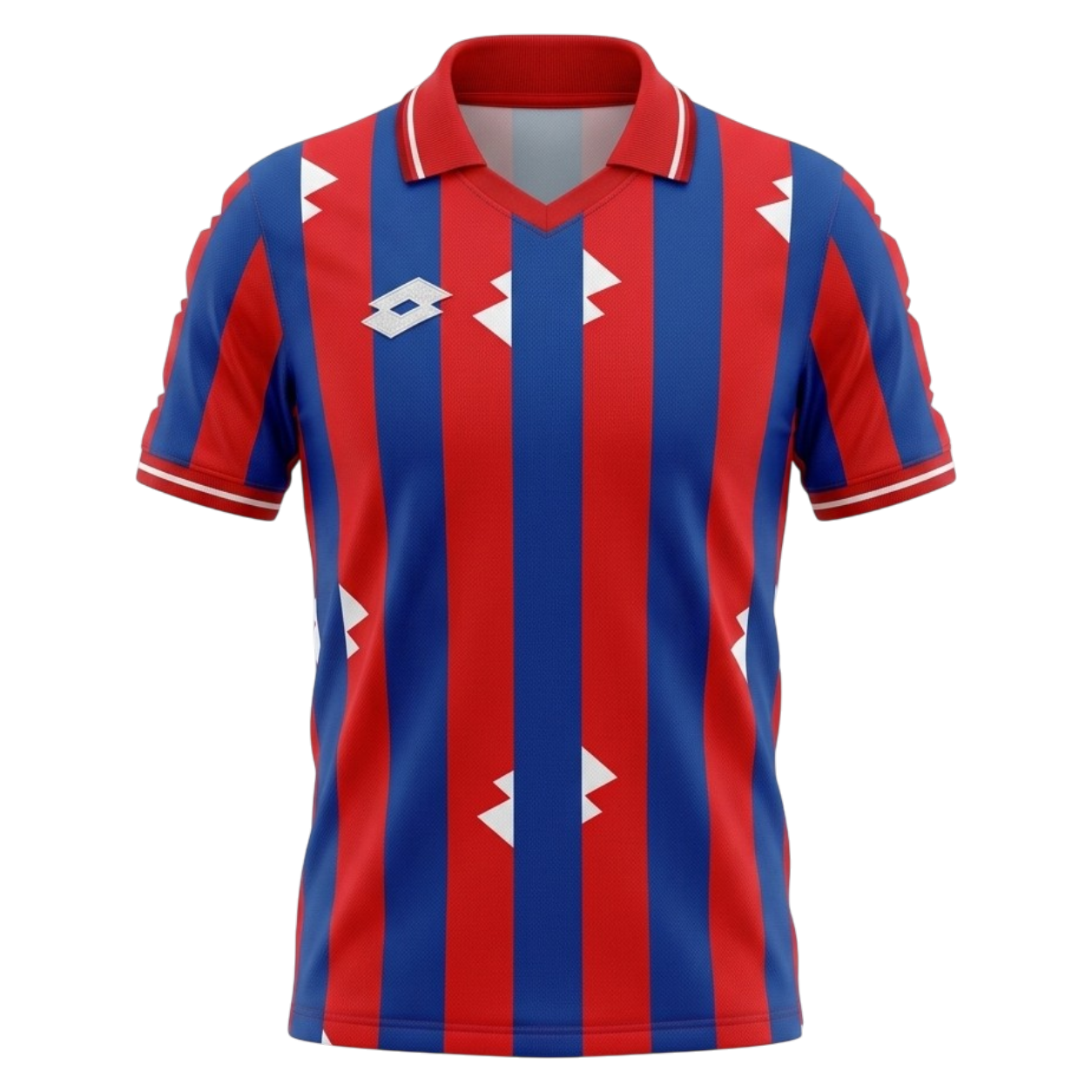 A short-sleeve polo soccer jersey with vertical red and blue stripes, featuring white geometric diamond logos on the chest and shoulders, and a white diamond logo on the right chest. The collar has red and white trim.