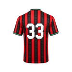 Soccer jersey with red and black vertical stripes, featuring the number 33 in white on the back.