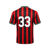 Soccer jersey with red and black vertical stripes, featuring the number 33 in white on the back.