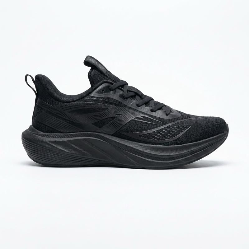A black athletic sneaker shown from the side against a clean white background.