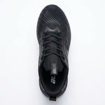 A black athletic sneaker shown from a top-down view on a clean white background.