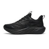 Black hiking shoe with orange accents on a white background