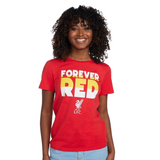 Person wearing a red 'FOREVER RED' t-shirt with a logo on a white background