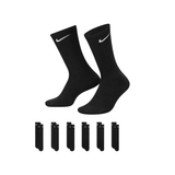 A pair of black crew-length athletic socks with a white Nike swoosh logo on the upper cuff, shown above six smaller matching sock silhouettes on a plain white background.