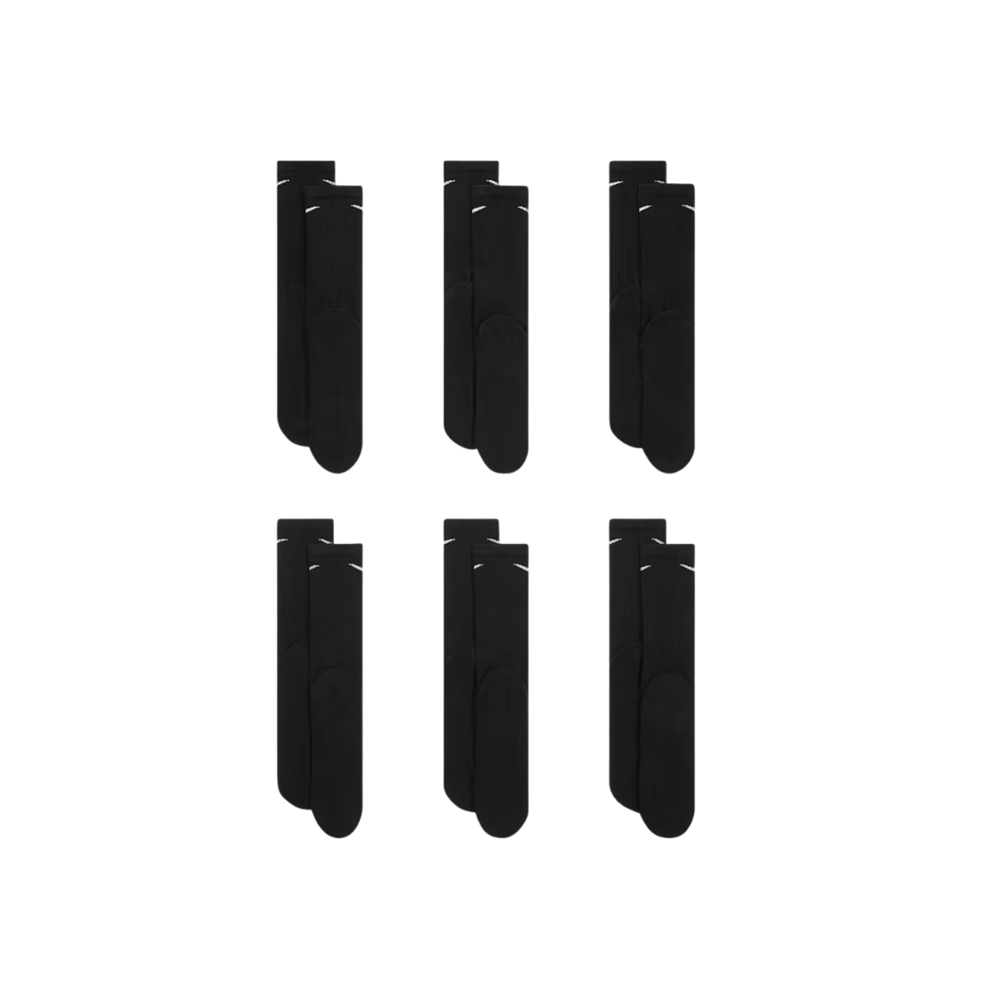 Six pairs of black crew socks arranged in a 2x3 grid on a plain white background.